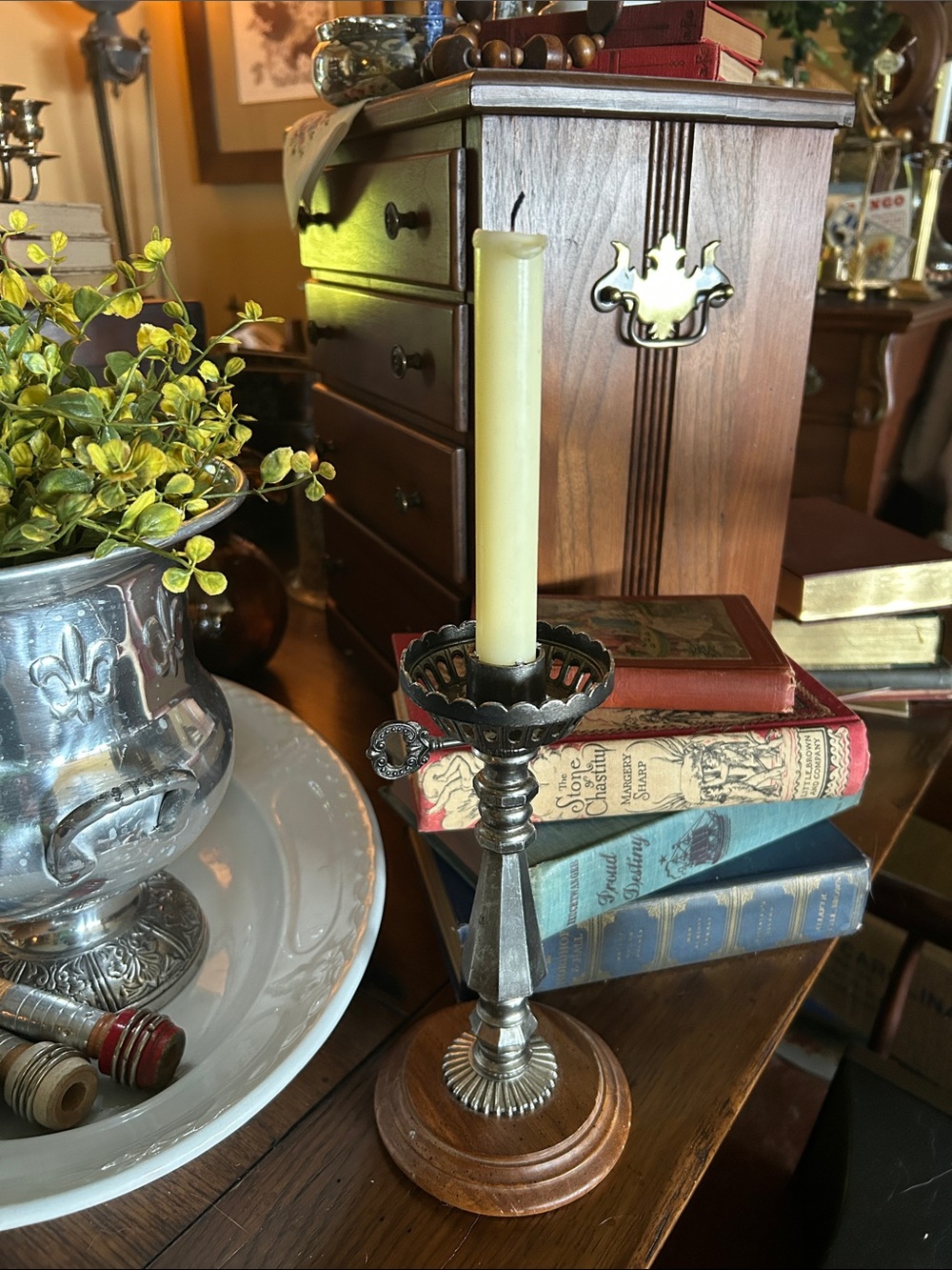 Vintage Silver Metal & Wood Candlestick Holder with Key Accent